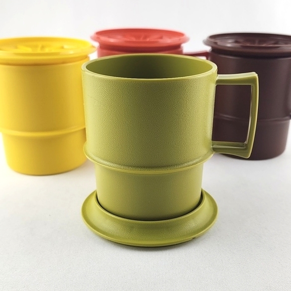 Tupperware Vintage Harvest Colours 4 Stackable Cups #1312  & Coasters #1313 - Picture 3 of 11